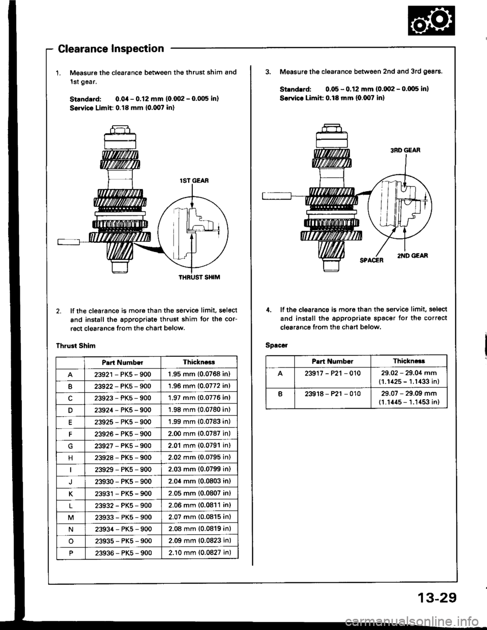 ACURA INTEGRA 1994  Service Repair Manual Glearance Inspection
L Measure the clearance between the thrust shim and
1st gear,
StEndard: 0.0,1- 0.12 mm (0.fi12 - 0.005 inl
Servics Limit: 0.18 mm (0.007 in)
2. lf the cleatance is more than the 