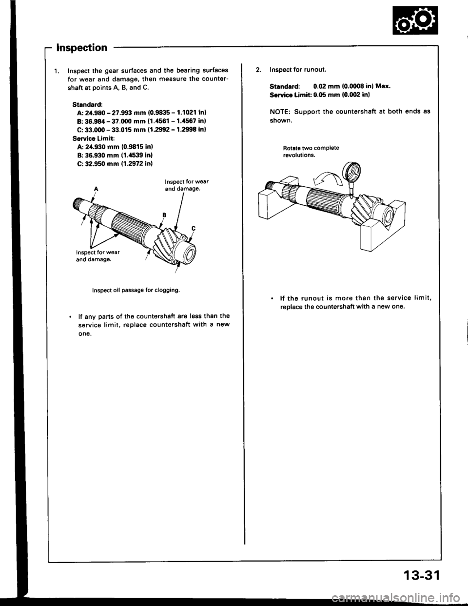 ACURA INTEGRA 1994  Service Repair Manual Inspection
1. Inspect the gear surfaces and the bearing surfaces
for w€ar and damage, then measure the counter-
shaft at points A, B, and C.
St.ndard:
A: 2/t.980 - 27.9!13 mm (0.91|:15 - 1.1021 inl
