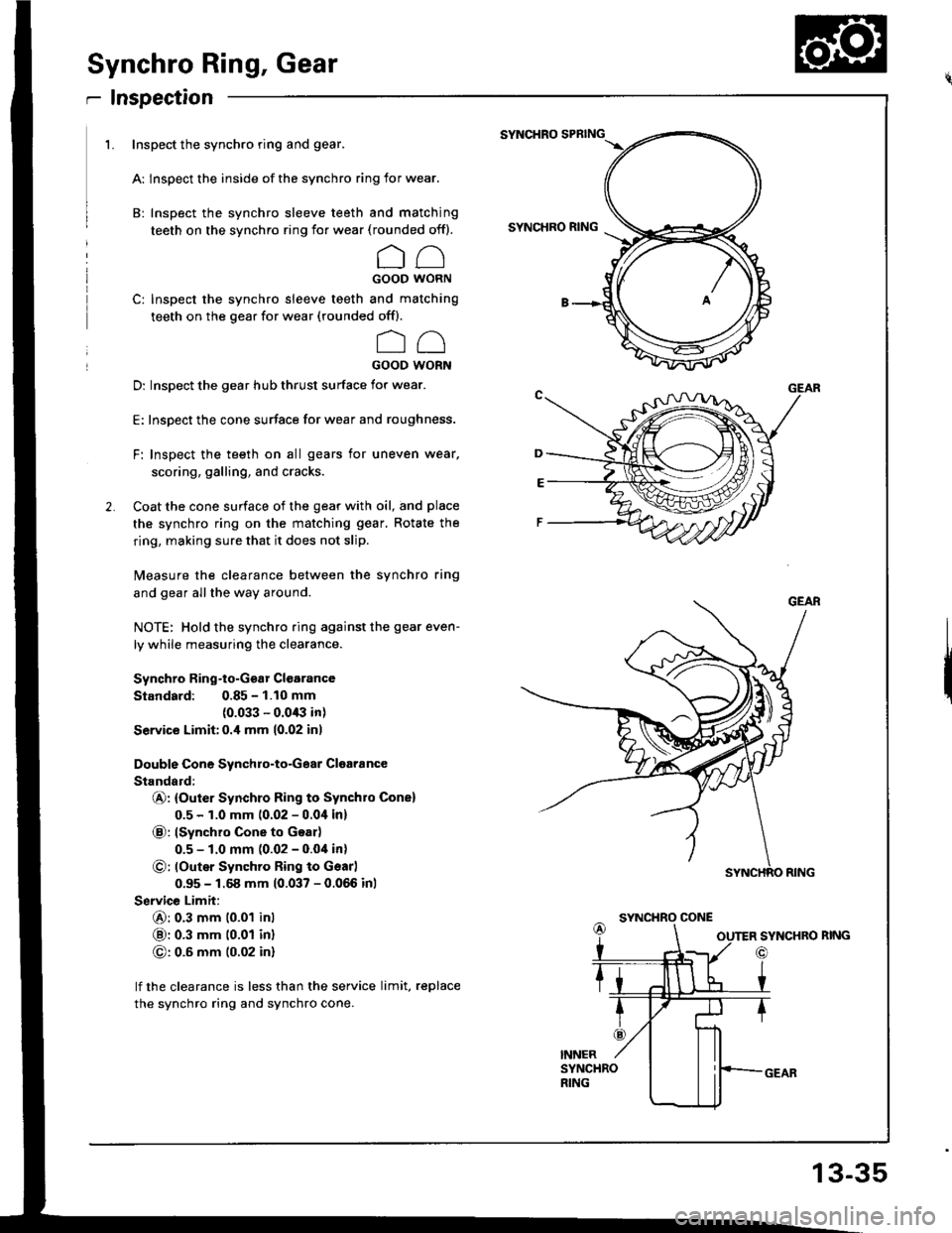 ACURA INTEGRA 1994  Service Repair Manual Synchro Ring, Gear
r Inspection
1. Inspect the synchro ring and gear.
A: lnspect the inside of the synchro ring for wear.
B: Inspect the synchro sleeve teeth and matching
teeth on the synchro ring for