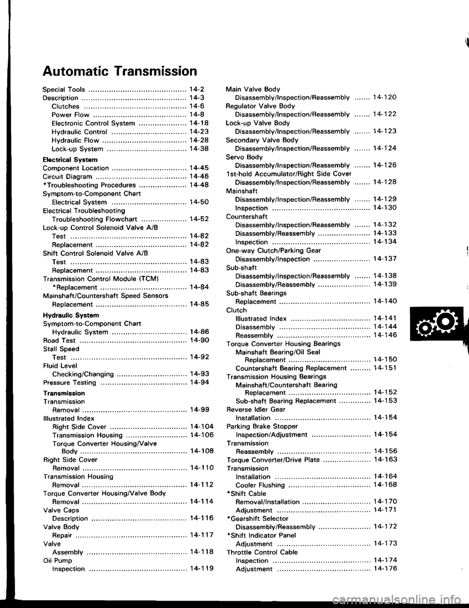 ACURA INTEGRA 1994  Service User Guide Automatic Transmission
l4-2
14-3t 4-6
14-8
14-14
14-23
Hvdraulic Flow ...--...... 14-24
Lock-up System ........ 14-38
Eloctrical Systom
Component Location ............,...,................ I 4-45
Ci