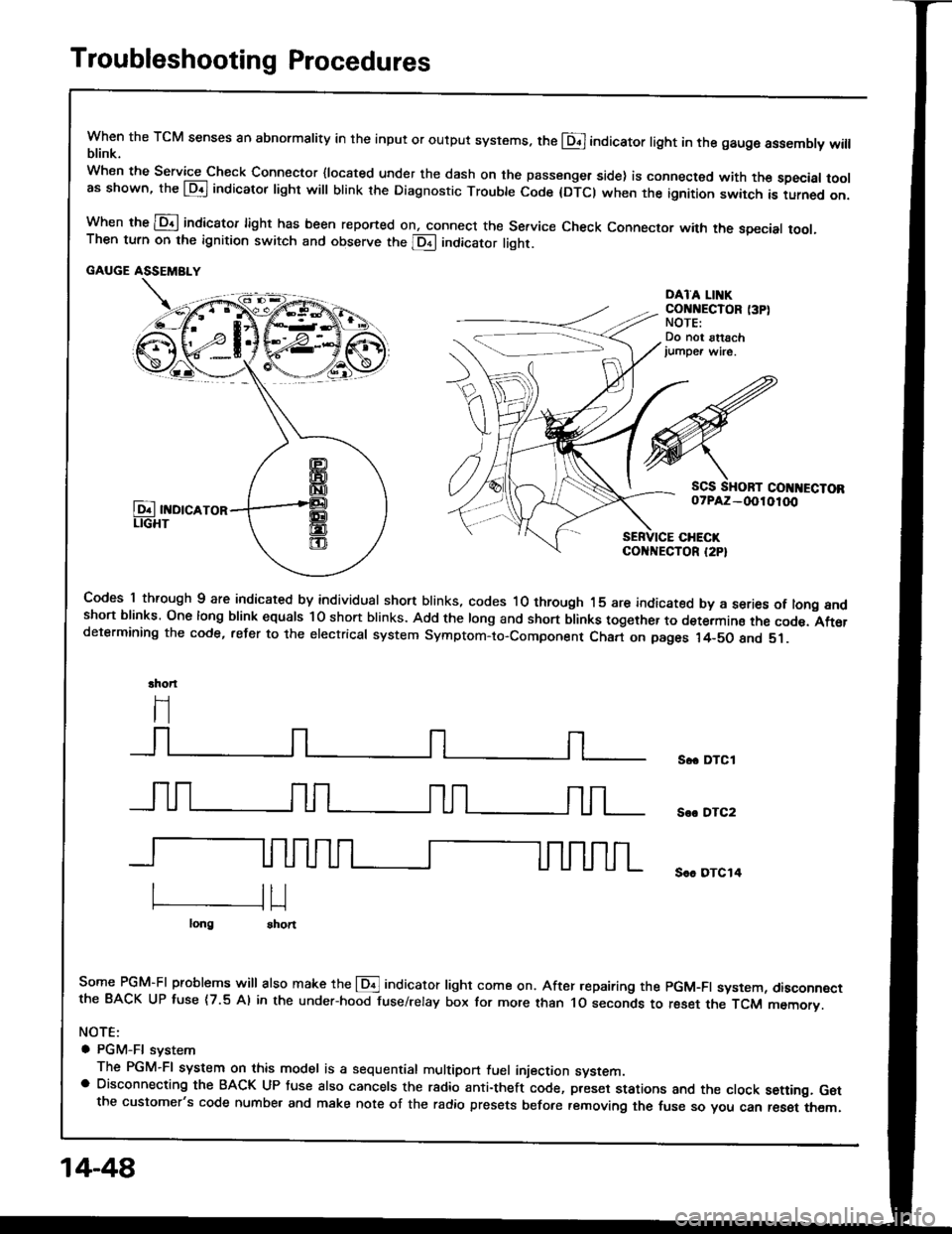 ACURA INTEGRA 1994  Service Repair Manual Troubleshooting Procedures
when the TcM senses an abnormality in the input or output systems. the E]indicator light in the gaugo assembly willblink.
when the service check Connector {located under the