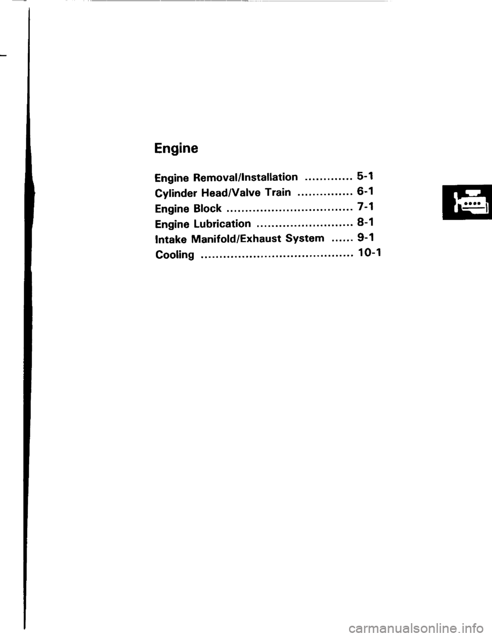 ACURA INTEGRA 1994  Service Repair Manual Engine
Engine Removal/lnstallation ........... 5-1
Cylinder Head/Valve Train .............. 6-1
Engine Block ..........7-1
Engine Lubrication ......... 8-1
Intake Manifold/Exhaust System ...... 9-1