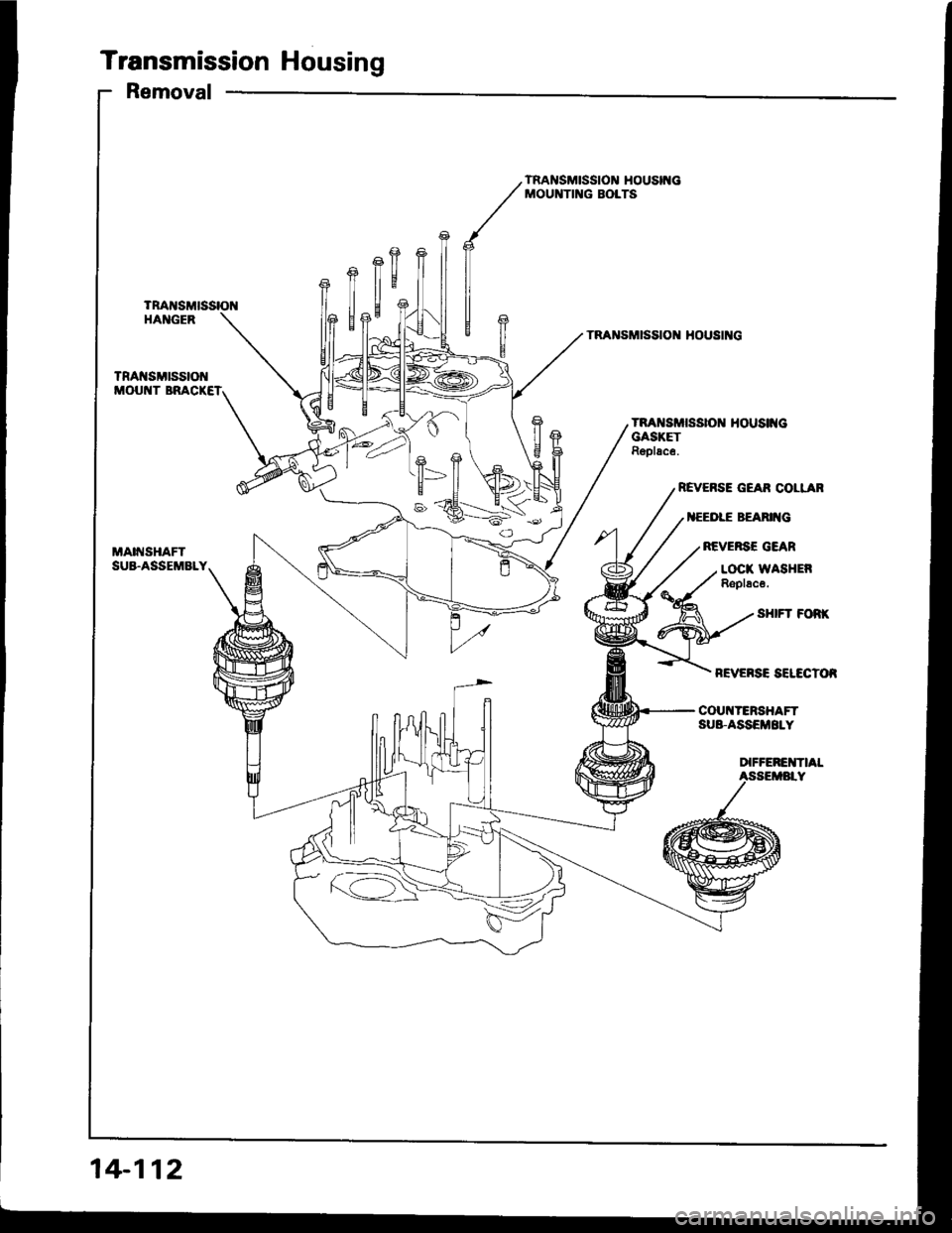 ACURA INTEGRA 1994  Service Repair Manual Transmission Housing
Removal
TRANSMTSSTOIr HOUSIIGMOUNTING BOLTS
TSAt{SMtSStOt{HANGER
fl
TRANSMISSIO HOUSII{G
TRA[{SMrSSrOr{MOUNT BRACKET
MAINSHAFTSUA.ASSEMBLY
RAI{SMTSSTO HOUS|IGGASKETRgolace.
REVER