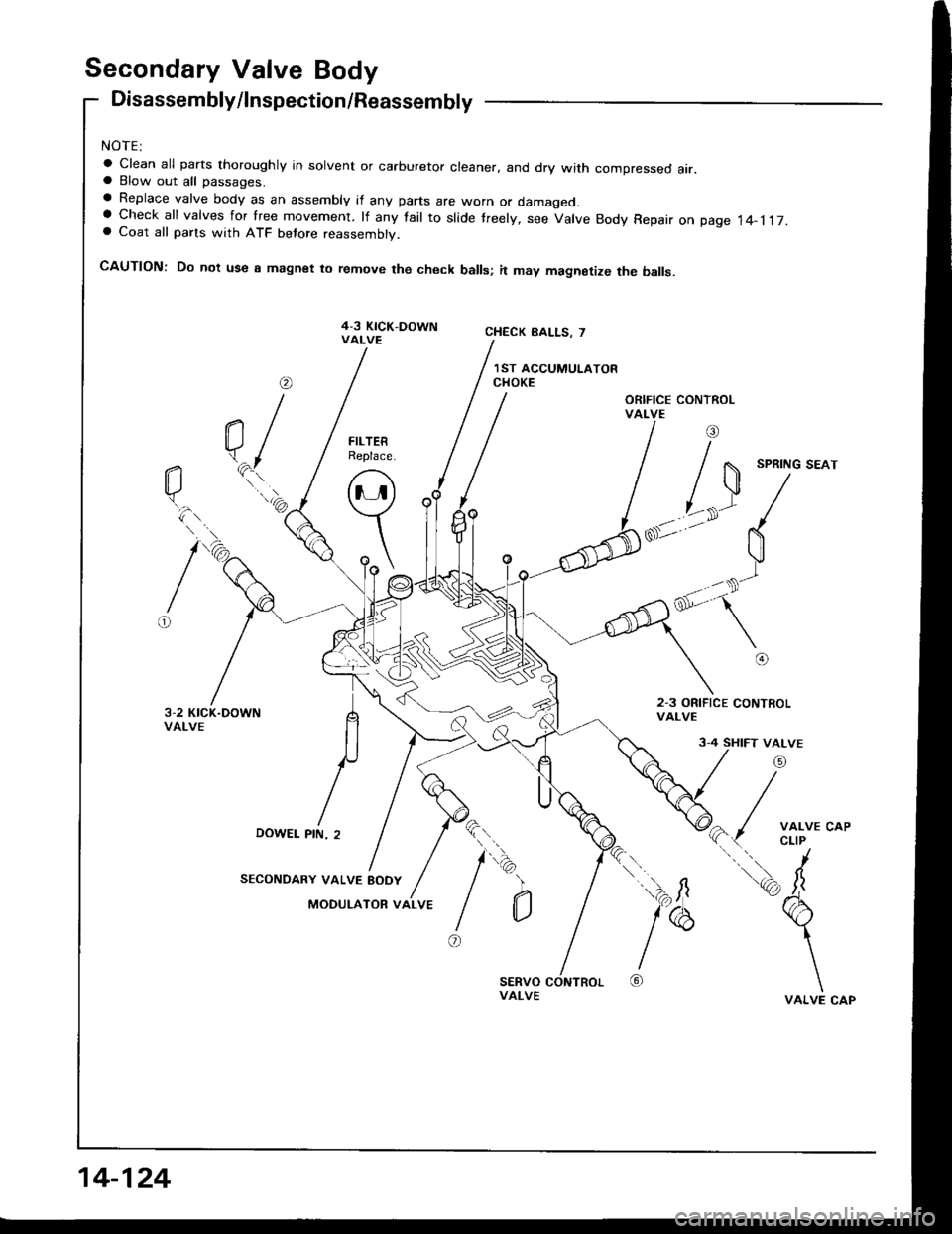 ACURA INTEGRA 1994  Service Repair Manual Secondary Valve Body
Disassembly/lnspection/Reassembly
NOTE:
a Clean all parts thoroughly in solvent or carburetor cleaner. and dry with compressed air.a Blow out all passages.
a Replace valve body as