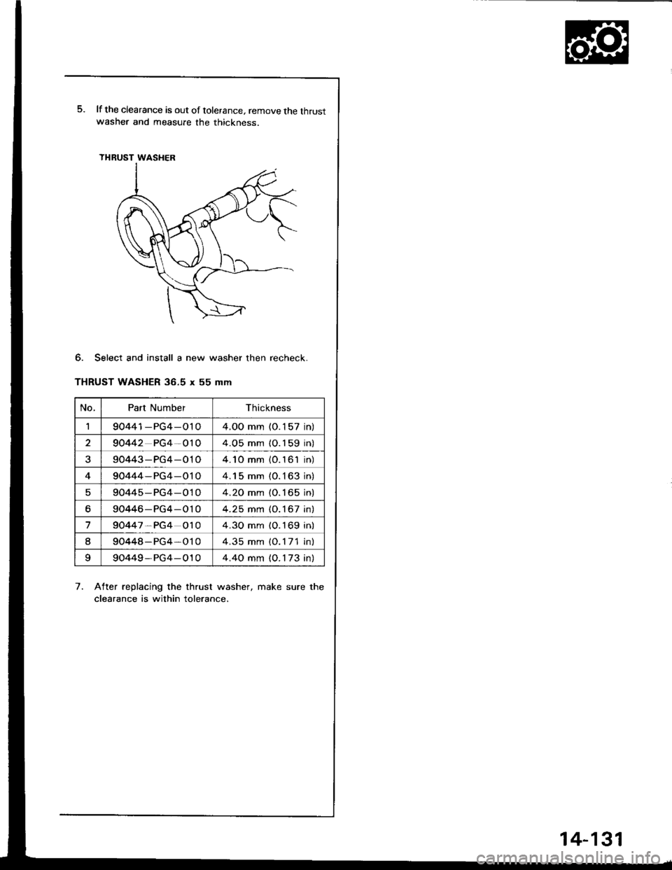 ACURA INTEGRA 1994  Service Repair Manual 5.lf the clearance is out of tolerance, remove the thrustwasher and measure the thickness
6. Select and install a new washer then recheck.
THRUST WASHER 36.5 x 55 mm
7, AIter replacing the thrust wash