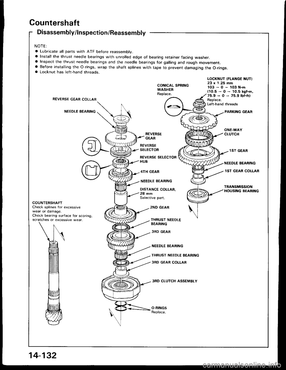 ACURA INTEGRA 1994  Service Owners Manual Countershaft
Disassembly/lnspection/Reassembly
NOTE:
a Lubricate all parts with ATF belore reassembly.a Install the thrust needle bearings with unrolled edge of bearing retainer facing washer.a Inspec