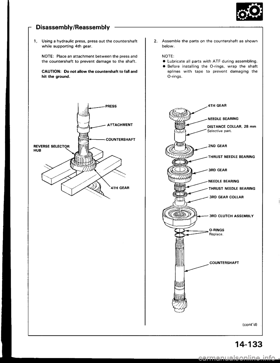 ACURA INTEGRA 1994  Service Owners Manual Disassembly/Reassembly
1, Using a hydraulic press, press out the countershatt
while supponing 4th gear.
NOTE: Place an attachment between the press and
the countershatt to prevent damage to the shaft.