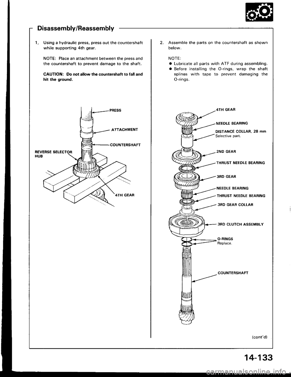 ACURA INTEGRA 1994  Service Repair Manual Disassembly/Reassembly
1, Using a hydraulic press, press out the countershatt
while supponing 4th gear.
NOTE: Place an attachment between the press and
the countershatt to prevent damage to the shaft.