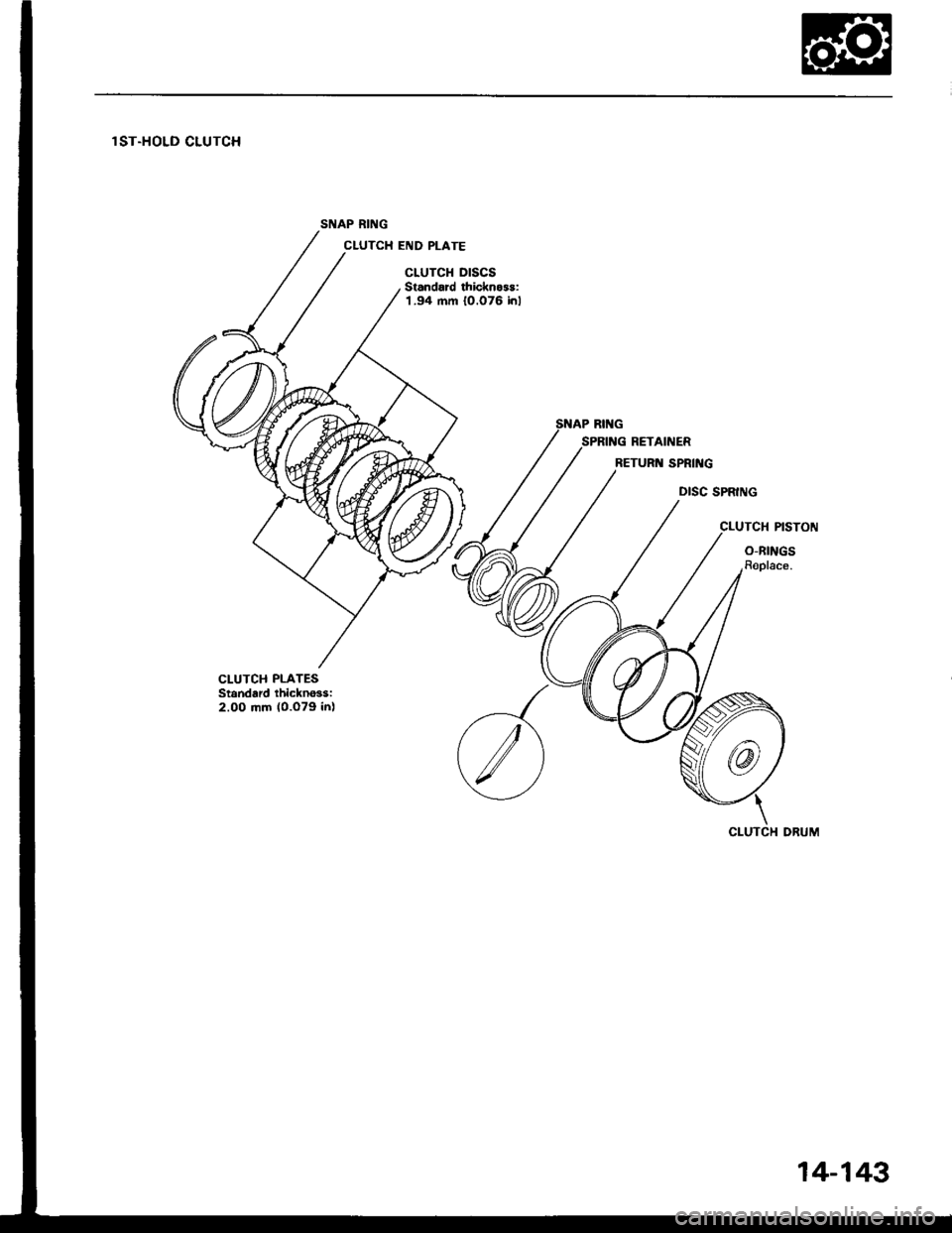 ACURA INTEGRA 1994  Service Repair Manual lST.HOLD CLUTCH
SNAP RING
CLUTCH END PLATE
CLUTCH DISCSStandard thicknoss:1.94 mm 10.076 inl
DISC SPRING
CLUTCH PISTON
O-RINGSRoplace.
CLUTCH PLATESStandard thickno3si2.00 mm (0.o79 in)
14-143 