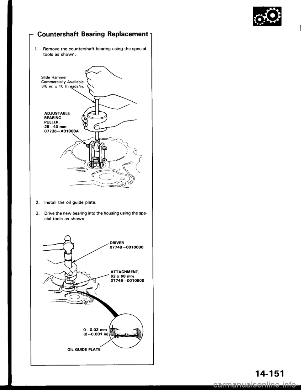ACURA INTEGRA 1994  Service Repair Manual Countershaft Bearing Replacement
l. Remove the countershatt bearing using the special
tools as shown.
Slide HammerCommercially Available3/8 in. x 16
ADJUSTABLEBEARINGPULLER,25-40 mm07736-AOIOOOA
K
/