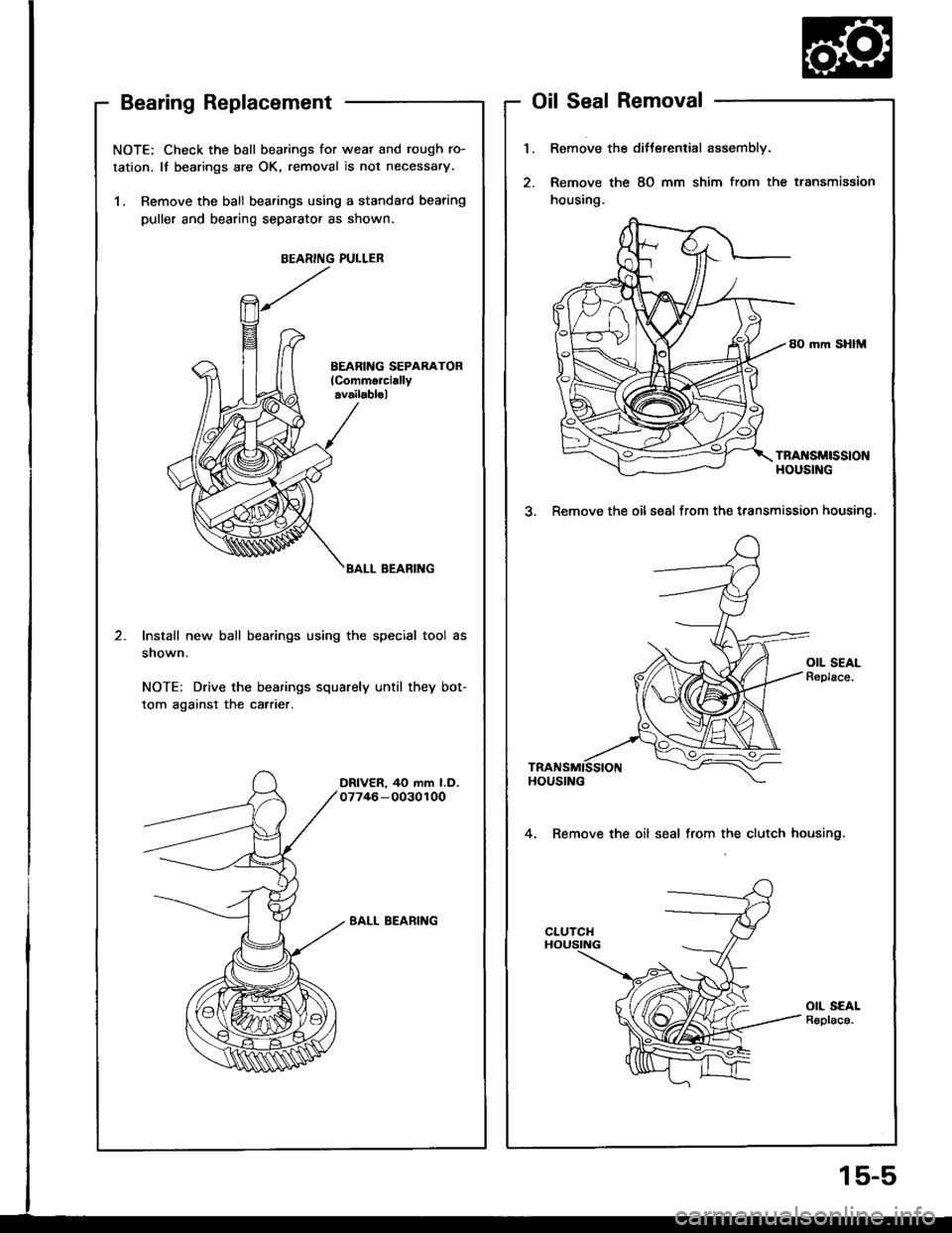 ACURA INTEGRA 1994  Service Owners Manual NOTE: Check the ball bearings for wear and rough ro-
tation. It bearings are OK, removal is not necessary.
1. Remove the ball bearings using a standatd bearing
puller and bearing separator as shown.
B