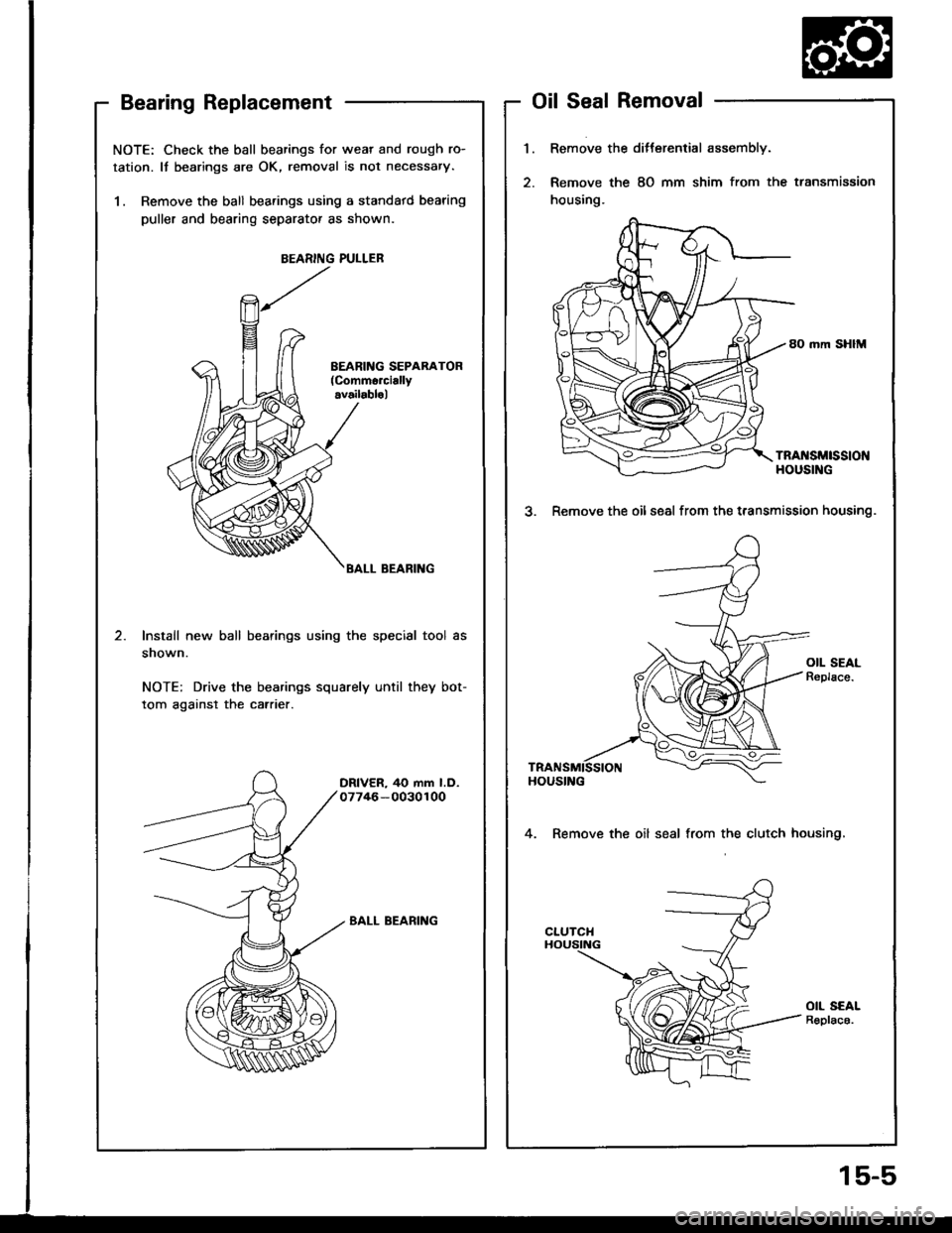 ACURA INTEGRA 1994  Service Repair Manual NOTE: Check the ball bearings for wear and rough ro-
tation. It bearings are OK, removal is not necessary.
1. Remove the ball bearings using a standatd bearing
puller and bearing separator as shown.
B
