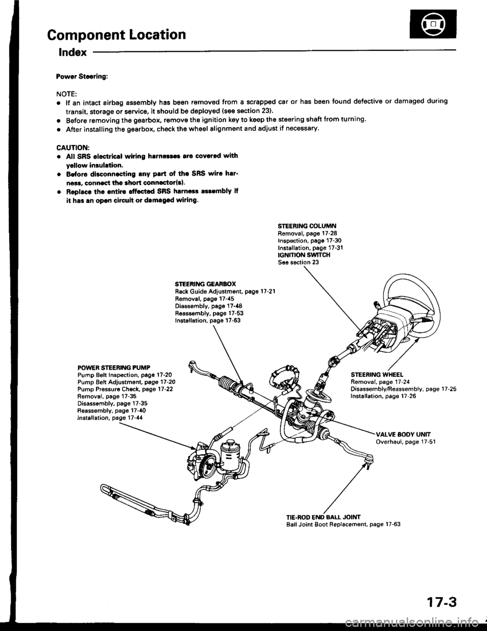 ACURA INTEGRA 1994  Service Repair Manual Component Location
lndex
Powar Siooring:
NOTE:
a
a
It an intact airbag ass€mbly has been r€moved from a scrapped car or has been found defective or damaged during
transit. storage or service, it s