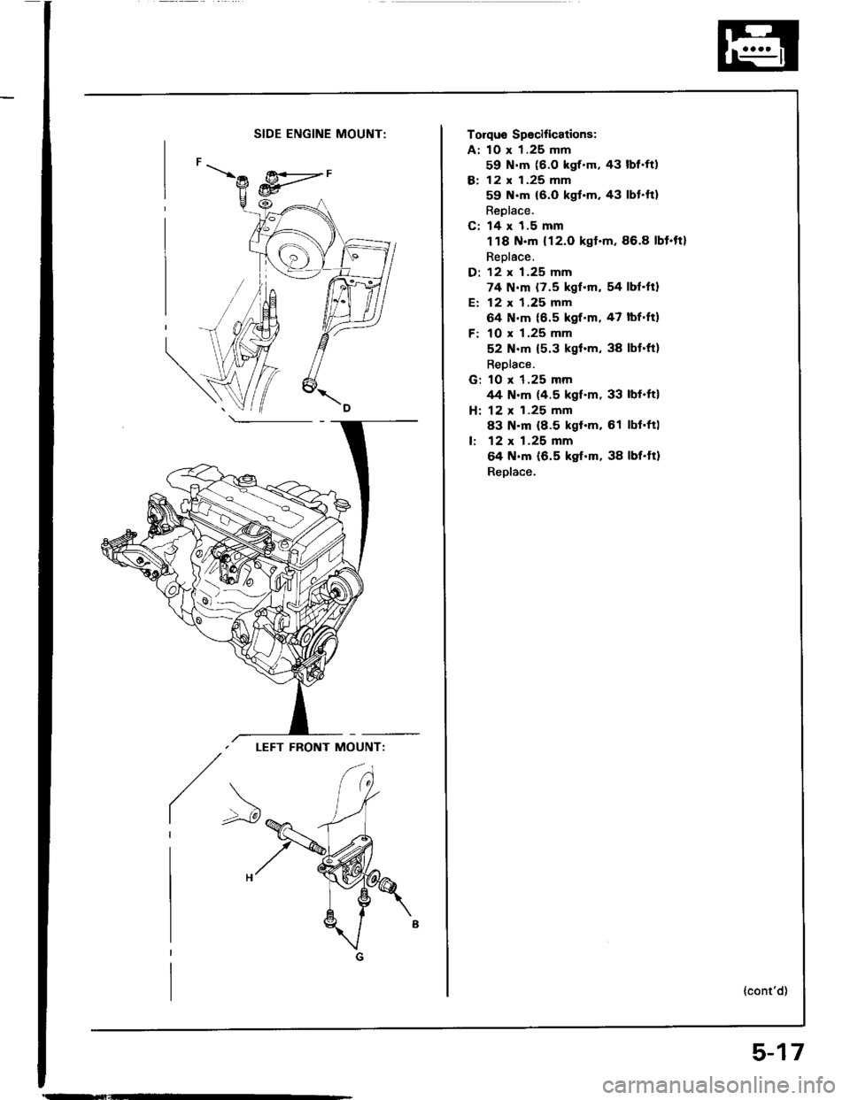 ACURA INTEGRA 1994  Service Repair Manual SIDE ENGINE MOUNT:
LEFT FRONT MOUNT:
/>
Torqus Spocifications:
A: 10 x 1.25 mm
59 N.m (6.O kgf.m, 43 lbf.ft)
B: 12 x 1.25 mm
59 N.m {6.0 kgt.m. 43 lbt.ft}
Reolace.
C: 14 x 1.5 mm
118 N.m {12.O kgt.m,8