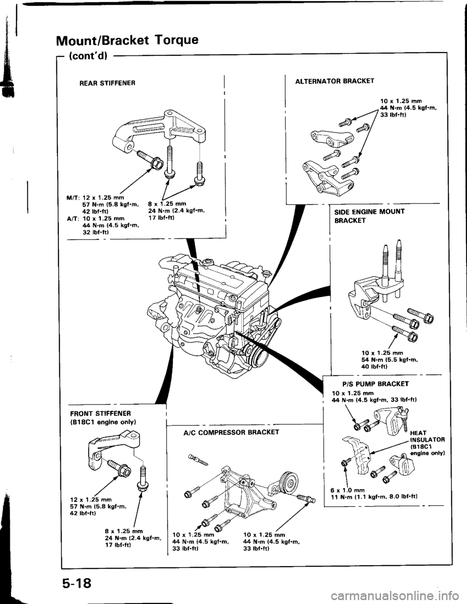 ACURA INTEGRA 1994 Service Manual PDF Mount/Bracket Torque
(contd)
REAR STIFFENER
M/T: 12 x 1.25 mm57 N.m 15.8 kgfm,42 rbf.ft)A/T: 10 x 1.25 mm/14 N.m {4.5 kgf.m,32 tbt.ftl
ALTERNATOR BRACKET
10 x 1.25 mm
8x1.25mm24 N.m 12.4 kgfm,
17 ACURA INTEGRA 1994 Service Manual PDF Mount/Bracket Torque
(contd)
REAR STIFFENER
M/T: 12 x 1.25 mm57 N.m 15.8 kgfm,42 rbf.ft)A/T: 10 x 1.25 mm/14 N.m {4.5 kgf.m,32 tbt.ftl
ALTERNATOR BRACKET
10 x 1.25 mm
8x1.25mm24 N.m 12.4 kgfm,
17