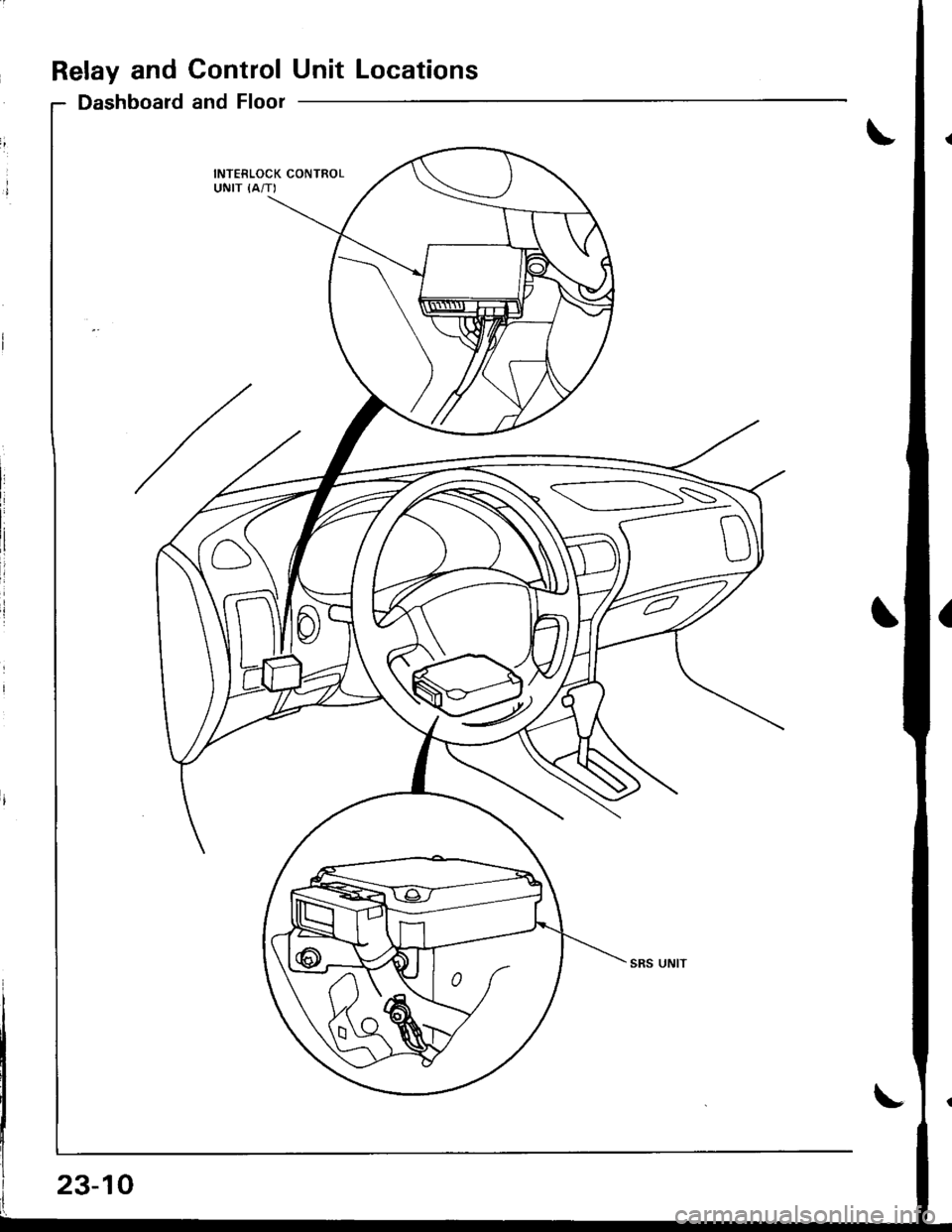 ACURA INTEGRA 1998 Service Manual Online Relay and ControlUnit Locations
Dashboard and Floor
INTERLOCK CONTROLUNIT {A/T)
SS
23-10 ACURA INTEGRA 1998 Service Manual Online Relay and ControlUnit Locations
Dashboard and Floor
INTERLOCK CONTROLUNIT {A/T)
SS
23-10