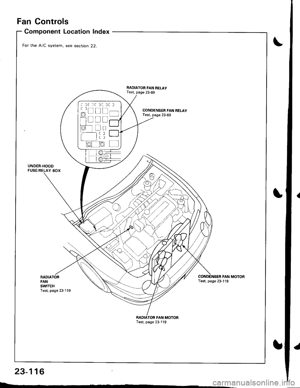 ACURA INTEGRA 1998 Service Repair Manual Fan Controls
RADIATORFANswtTcHTest, page 23-119
Component Location Index
For the A/C system, see section 22.
UNDER-HOODFUSE/RELAY BOX
CONDENSER FAN RELAYTest, page 23-69
RADIATOR FAN RELAYTest, page 2 ACURA INTEGRA 1998 Service Repair Manual Fan Controls
RADIATORFANswtTcHTest, page 23-119
Component Location Index
For the A/C system, see section 22.
UNDER-HOODFUSE/RELAY BOX
CONDENSER FAN RELAYTest, page 23-69
RADIATOR FAN RELAYTest, page 2