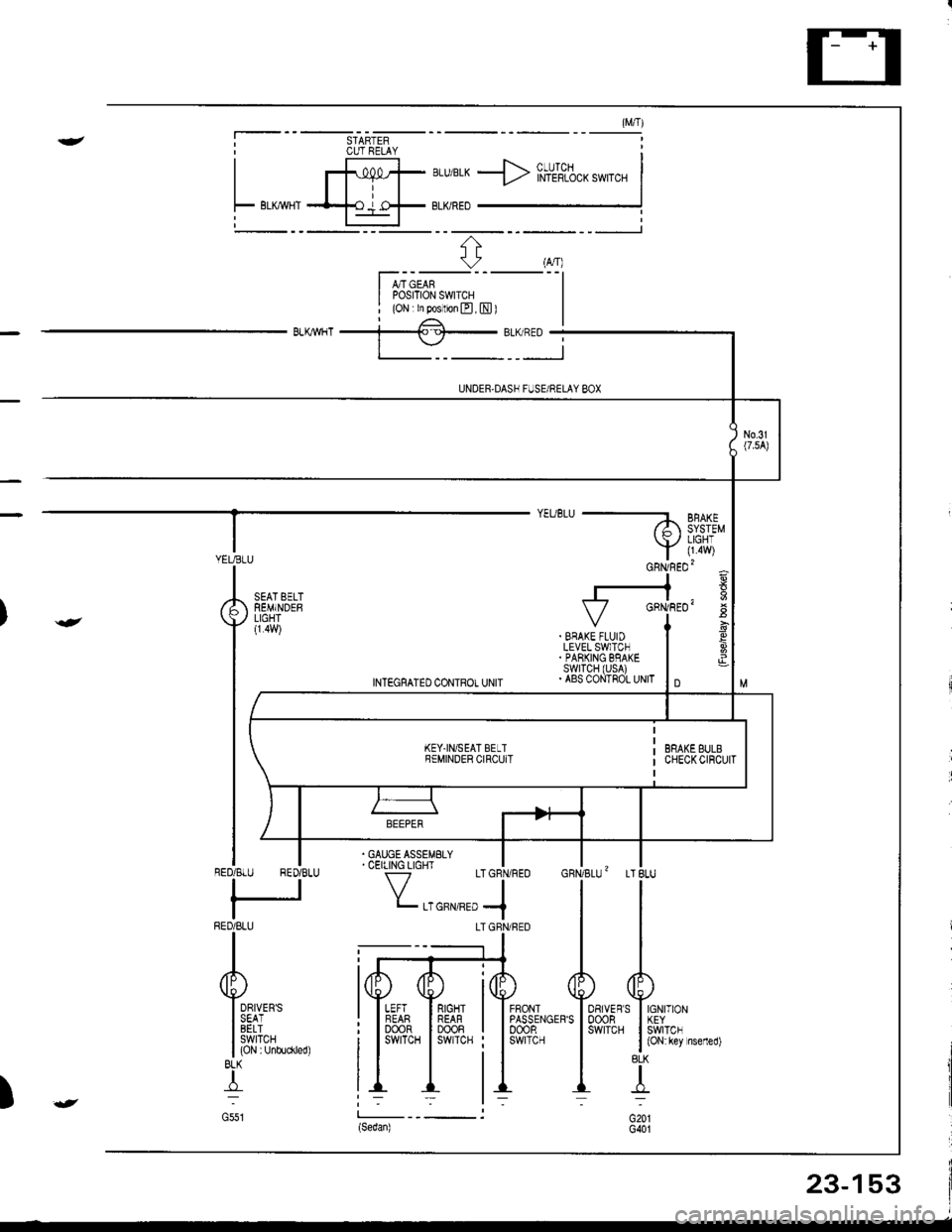 ACURA INTEGRA 1998  Service Repair Manual CUT RELAY
BruiBLK -> i",rrrl%.^ ,*,r.,.
SEAT BELTREM]NDEBLIGHT(1.4w){
INTEGRATEO CONTROL UNIT
FRONTPASSENGERSDOORSWITCH
23-153 