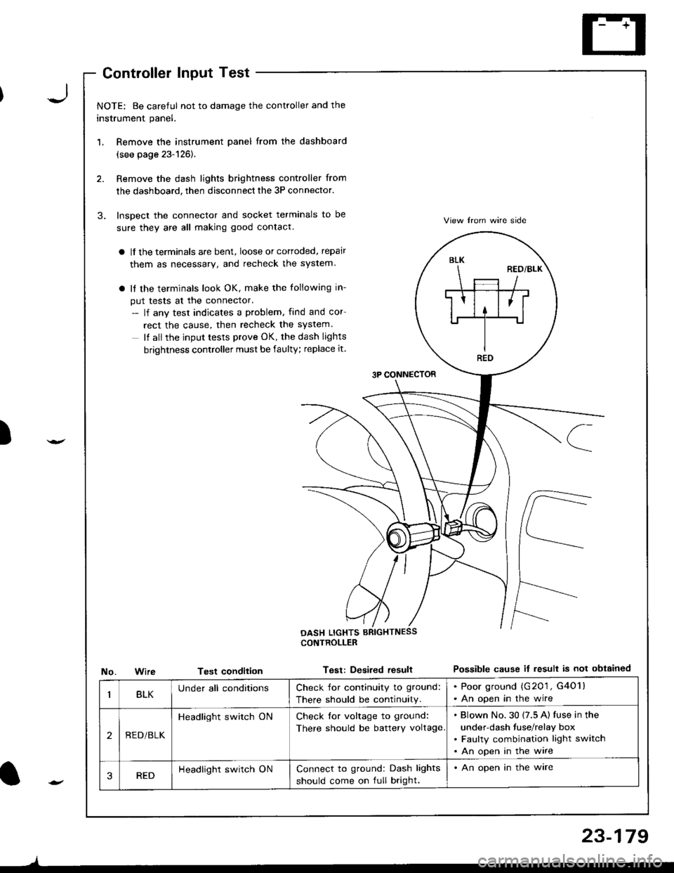 ACURA INTEGRA 1998 Service Repair Manual J
)
1.
3.
NOTE: Be careful not to damage the controller and the
instrument panel.
Remove the instrument panel from the dashboard
(see page 23-126).
Remove the dash lights brightness controller from
t ACURA INTEGRA 1998 Service Repair Manual J
)
1.
3.
NOTE: Be careful not to damage the controller and the
instrument panel.
Remove the instrument panel from the dashboard
(see page 23-126).
Remove the dash lights brightness controller from
t