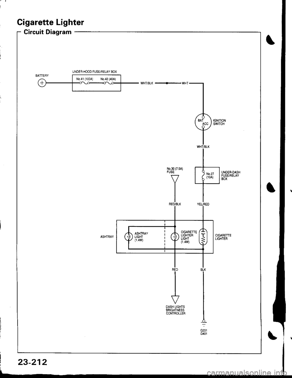 ACURA INTEGRA 1998  Service Repair Manual Gigarette Lighter
Circuit Diagram
UNDER.HOOD FUSURELAY 8OX
3o{75A) J-
Y 
Lit*is***/
I
r
OASH LIGHTSERIGHTNESSCONTFOLLER
BLK
G201G401
23-212 