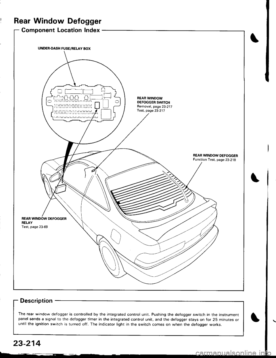 ACURA INTEGRA 1998  Service Repair Manual Rear Window Defogger
Component Location Index
Description
The rear window de{ogger is controlled by the integrated control unit. Pushing the detogger switch in the Instrumentpanel sends a signal to th