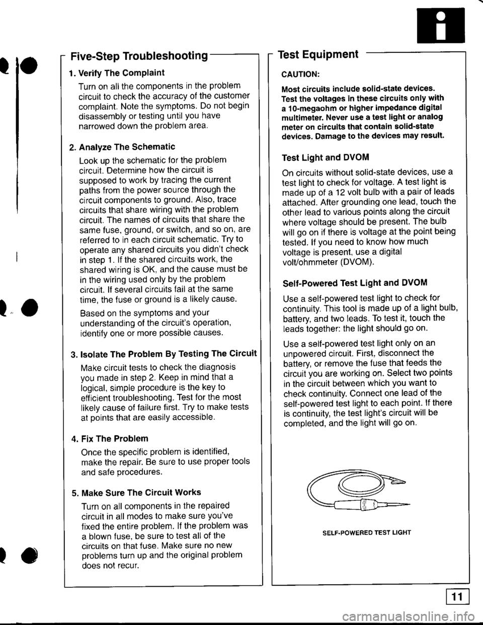 ACURA INTEGRA 1998  Service Repair Manual l
Five-Step Troubleshooting
1. Verify The Complaint
Turn on all the components in the problem
circuit to check the accuracy of the customer
complaint. Note the symptoms. Do not begin
disassembly or 