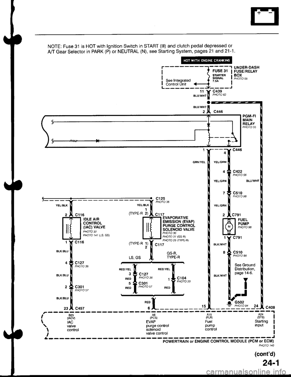 ACURA INTEGRA 1998 Service Repair Manual NOTE: Fuse 31 is HOT with lgnition Switch in START (lll) and clutch pedal depressed or
A/T Gear Selector in PARK (P) or NEUTRAL (N), see Starting System, pages 21 and 21 -1
--r-----1
i , ruseor i
i s ACURA INTEGRA 1998 Service Repair Manual NOTE: Fuse 31 is HOT with lgnition Switch in START (lll) and clutch pedal depressed or
A/T Gear Selector in PARK (P) or NEUTRAL (N), see Starting System, pages 21 and 21 -1
--r-----1
i , ruseor i
i s