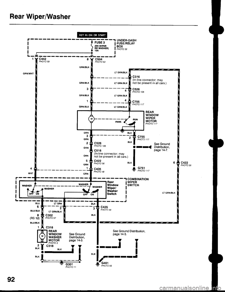 F:-- |
r | Ground
i | 3--------r-:----::=:-:-:-----::=
From C437 onrnrs page.
! j k see Integrated Control Unit Intermittent wlpcr Rclty Circu l II i---------a--- ------------r !' a. 1,t\/ See cround Distribution, >-1!-1' c914 |
!-o3!!-------J.- ----r
".',I F'r:i-'
See GroundDistribution,page 14-5.
V
Ird
BLK
91-1
Page 1507 of 1680
![ACURA INTEGRA 1998 Service Repair Manual Rear WiperMasher
UNDER.DASHFUSE/RELAYBOXPHO|A 58
I
GRNAiTHf
c442:- - ---J
ALK
LT GFN/BLK
lT GFN/BLK
c504
GFN/AIK
c5r6(ln-line connectort maynot be present in all cars.)GRN/BLK
GFN/6LK
1
GRN/BLK
GFN
5G ACURA INTEGRA 1998 Service Repair Manual Rear WiperMasher
UNDER.DASHFUSE/RELAYBOXPHO|A 58
I
GRNAiTHf
c442:- - ---J
ALK
LT GFN/BLK
lT GFN/BLK
c504
GFN/AIK
c5r6(ln-line connectort maynot be present in all cars.)GRN/BLK
GFN/6LK
1
GRN/BLK
GFN
5G
