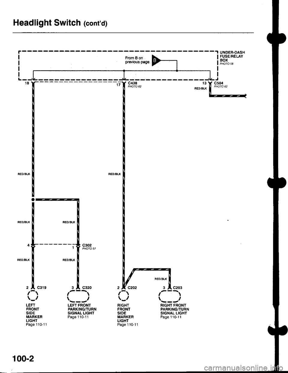 ACURA INTEGRA 1998 Service Repair Manual Headlight Switch (contd)
-.I UNDER.OASH
From B onpr€vious page.
FUSE/RELAYBOX
t8
2 | C319
c302
LEFTFRONTSIDEMARKERLIGHTPage 110-11
3 l C320
LEFT FRONTPARKING/TURNSIGNAL LIGHTPage 1 10-11
RIGHTFR ACURA INTEGRA 1998 Service Repair Manual Headlight Switch (contd)
-.I UNDER.OASH
From B onpr€vious page.
FUSE/RELAYBOX
t8
2 | C319
c302
LEFTFRONTSIDEMARKERLIGHTPage 110-11
3 l C320
LEFT FRONTPARKING/TURNSIGNAL LIGHTPage 1 10-11
RIGHTFR