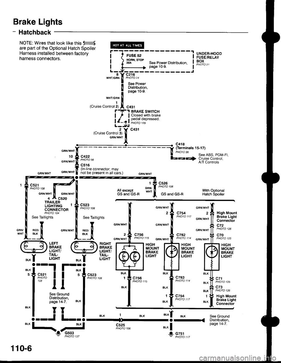 ACURA INTEGRA 1998  Service Repair Manual Brake Lights
- Hatchback
c521
NOTE: Wires that look like this q-
are part of the optional Hatch spoiler
Harness installed between factory
harness connectors.See Power Distribution,page 10-9.
UNDER-HOO