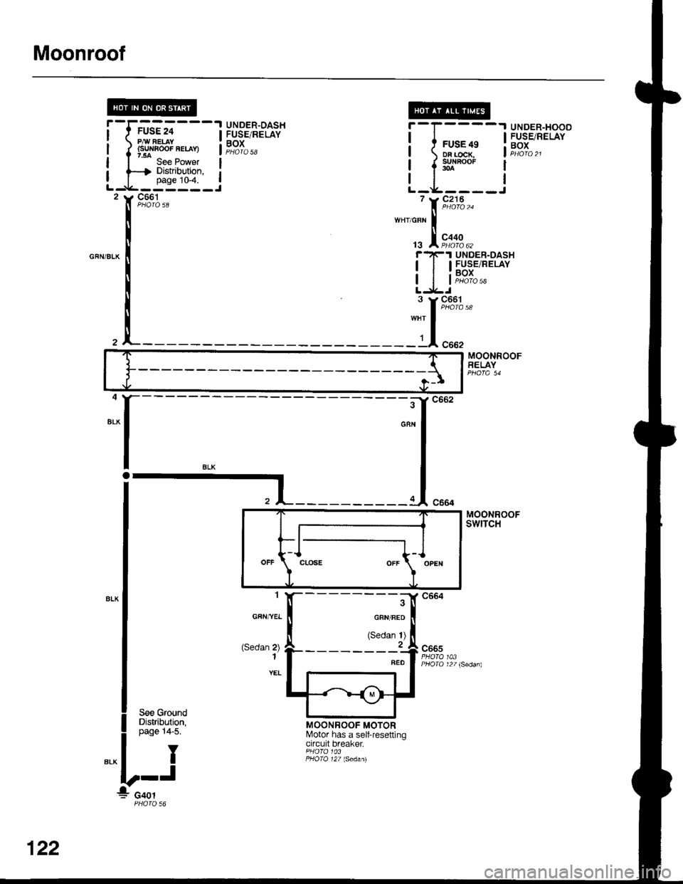 ACURA INTEGRA 1998 Service Repair Manual Moonroof
UNOER-OASHFUSE/RELAYBOX
c661
f_
r-
IE
lql
!,***
L-J
MOONROOFRELAY
MOONROOFswtTcH
c662
l
c665103
MOONROOF MOTORl\4otor has a self-resettingctrcutt Dreaker.
PAfl REI.AY€ua{n@F FELA9
see Powet ACURA INTEGRA 1998 Service Repair Manual Moonroof
UNOER-OASHFUSE/RELAYBOX
c661
f_
r-
IE
lql
!,***
L-J
MOONROOFRELAY
MOONROOFswtTcH
c662
l
c665103
MOONROOF MOTORl\4otor has a self-resettingctrcutt Dreaker.
PAfl REI.AY€ua{n@F FELA9
see Powet