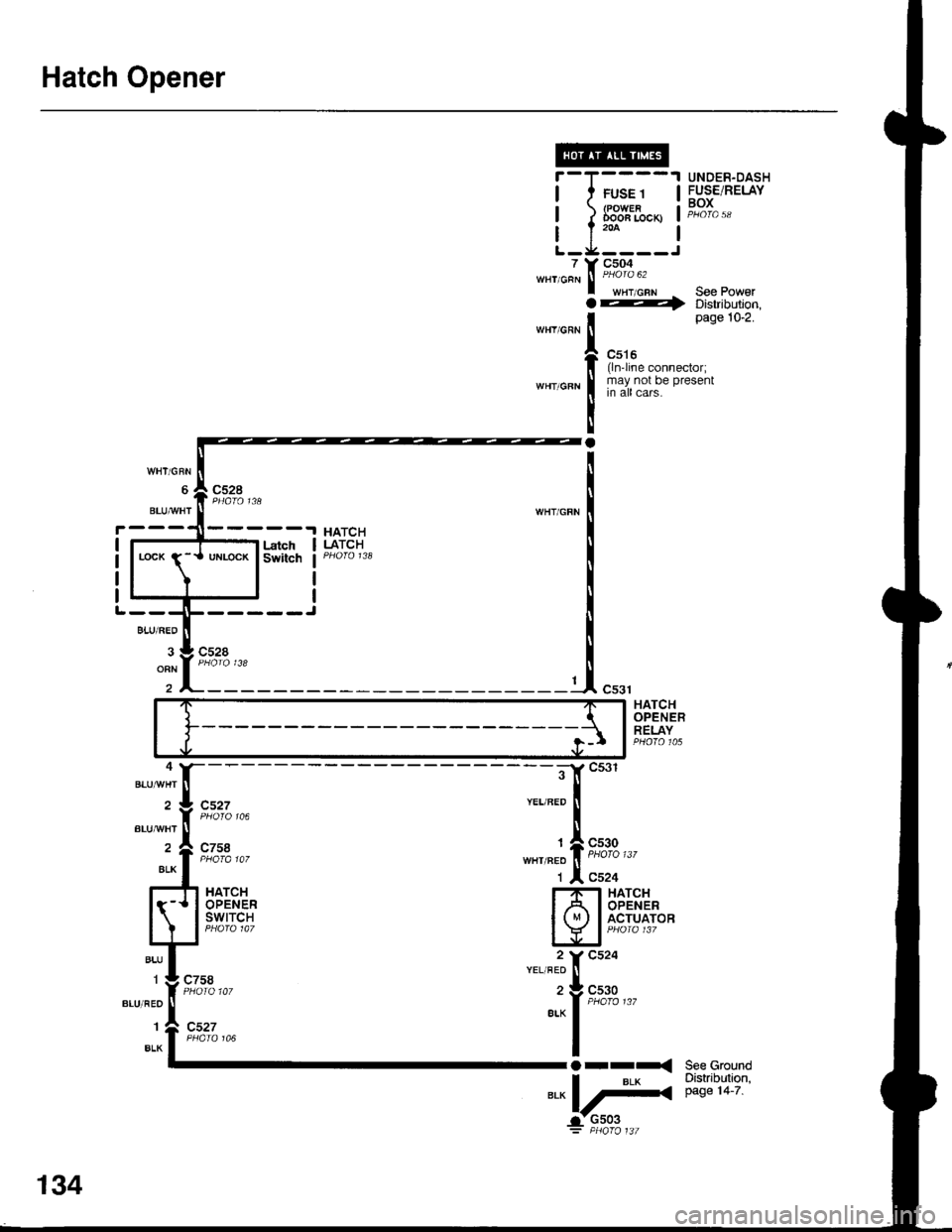 ACURA INTEGRA 1998 Service Repair Manual Hatch Opener
7WHT/GRN
WHY/GRN
;il
T(
t
IY
Ia
I
a
FUSE 1(POWERDooa Locx)
c504
wHT,cFN See Power---r> Distribution,page 10-2.
c516(lnline connector;may not be presentin all cars.
UNDER-DASHFUSE/RELAYBO ACURA INTEGRA 1998 Service Repair Manual Hatch Opener
7WHT/GRN
WHY/GRN
;il
T(
t
IY
Ia
I
a
FUSE 1(POWERDooa Locx)
c504
wHT,cFN See Power---r> Distribution,page 10-2.
c516(lnline connector;may not be presentin all cars.
UNDER-DASHFUSE/RELAYBO
