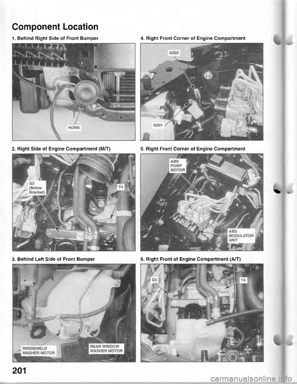 ACURA INTEGRA 1998 Service Repair Manual Component Location
1. Behind Right Side of Front Bumper4. Right Front Corner of Engine Compartment
2. Right Side of Engine Compartment (M/T)5. Right Front Corner of Engine Compartment
3. Behind Left S ACURA INTEGRA 1998 Service Repair Manual Component Location
1. Behind Right Side of Front Bumper4. Right Front Corner of Engine Compartment
2. Right Side of Engine Compartment (M/T)5. Right Front Corner of Engine Compartment
3. Behind Left S