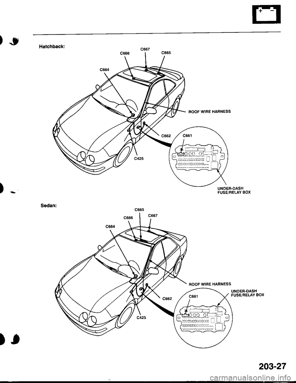 ACURA INTEGRA 1998 Service Repair Manual o :::::::::::: n--l --...------- L_-r
)*
Halchback:
Sedan:
UNDER-DASHFUSE/RELAY BOX
ROOF WIRE HARNESS
UNDER-DASHFUSE/RELAY BOX
ffin nt-!
),
203-27 ACURA INTEGRA 1998 Service Repair Manual o :::::::::::: n--l --...------- L_-r
)*
Halchback:
Sedan:
UNDER-DASHFUSE/RELAY BOX
ROOF WIRE HARNESS
UNDER-DASHFUSE/RELAY BOX
ffin nt-!
),
203-27