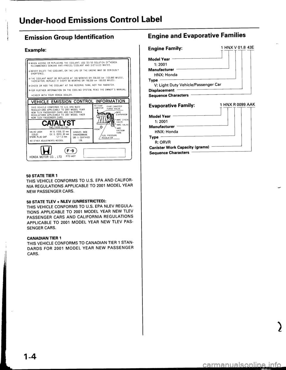 ACURA INTEGRA 1998 Service Owners Guide Under-hood Emissions Gontrol Label
Emission GrouP ldentification
Example:
50 STATE TIER 1
THIS VEHICLE CONFORMS TO U.S. EPA AND CALIFOR-
NIA REGULATIONS APPLICABLE TO 2OO1 MODEL YEAR
NEW PASSENGER CAR ACURA INTEGRA 1998 Service Owners Guide Under-hood Emissions Gontrol Label
Emission GrouP ldentification
Example:
50 STATE TIER 1
THIS VEHICLE CONFORMS TO U.S. EPA AND CALIFOR-
NIA REGULATIONS APPLICABLE TO 2OO1 MODEL YEAR
NEW PASSENGER CAR