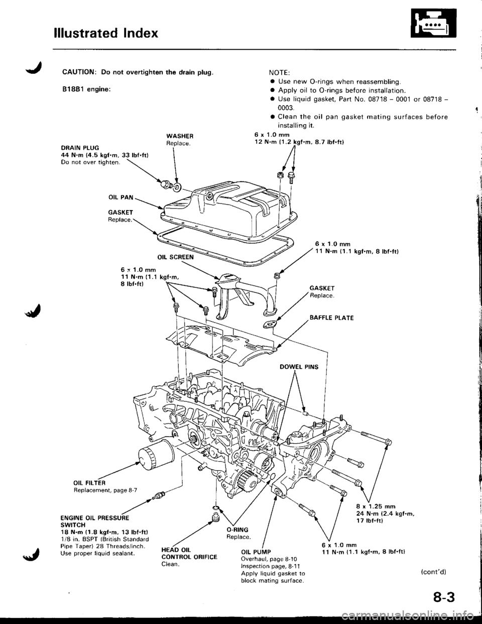 ACURA INTEGRA 1998 Service Owners Guide lllustrated Index
JCAUTION: Do not overtighton the drain plug.
81881 engine:
WASHER
OIL PAN
GASKETReplace.
OIL SCREEN
6 x 1.0 mm11 Nm 11.1 kgt.m,I lbt.ft)
NOTE:
a Use new O-rings when reassembling.
a ACURA INTEGRA 1998 Service Owners Guide lllustrated Index
JCAUTION: Do not overtighton the drain plug.
81881 engine:
WASHER
OIL PAN
GASKETReplace.
OIL SCREEN
6 x 1.0 mm11 Nm 11.1 kgt.m,I lbt.ft)
NOTE:
a Use new O-rings when reassembling.
a