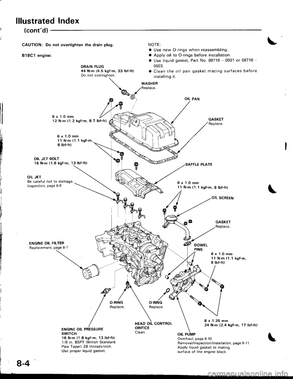 ACURA INTEGRA 1998 Service Service Manual lllustrated Index
(contdl
CAUTION: Do not ovenighten the drain plug.
B18C1 engine:
NOTEI
a Use new O rings when reassembling.
a Apply oil to O rings before installation.
. Use liquid gasket, Part No. ACURA INTEGRA 1998 Service Service Manual lllustrated Index
(contdl
CAUTION: Do not ovenighten the drain plug.
B18C1 engine:
NOTEI
a Use new O rings when reassembling.
a Apply oil to O rings before installation.
. Use liquid gasket, Part No.