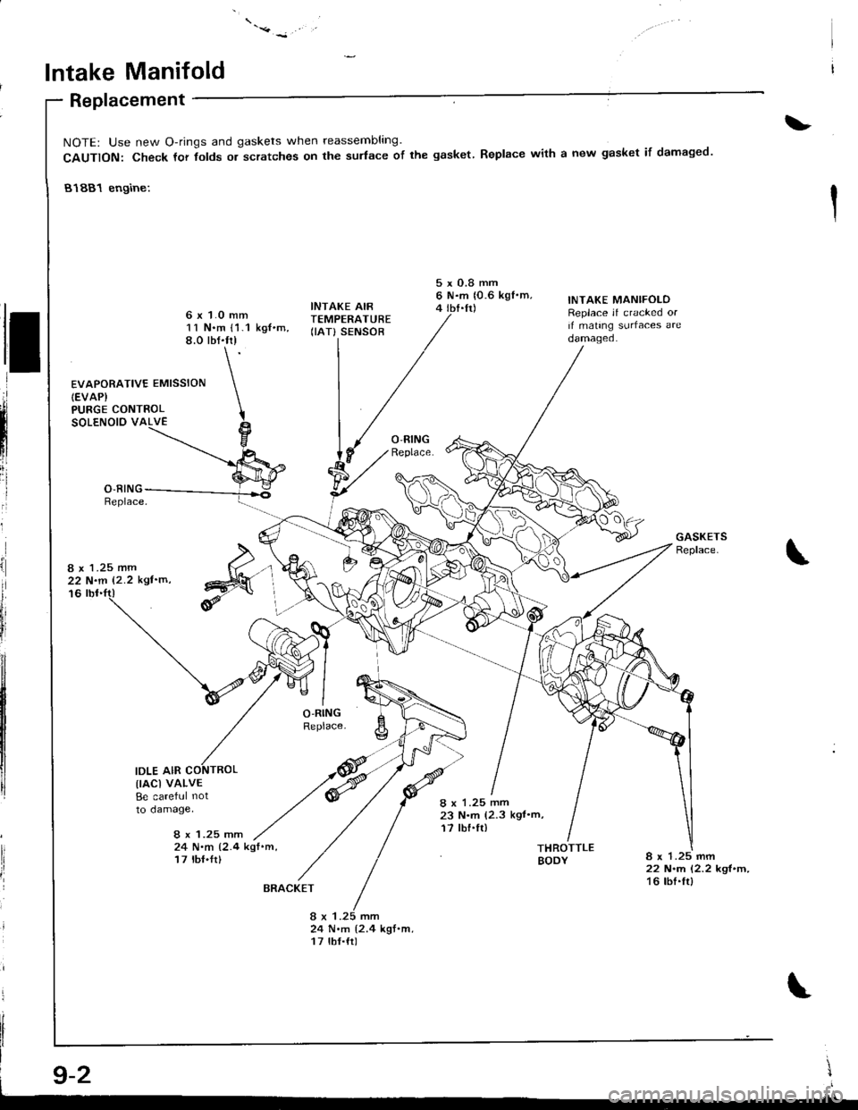 ACURA INTEGRA 1998 Service Owners Manual lntake Manifold
Replacement
PURGE CONTROLSOLENOIO VALVE
8 x 1.25 mm22 N.m 12.2 kglm
16
IDLE AIR
\
NOTE: Use new O-rings and gaskets when reassembling
CAUTION: Check tor tolds or scratches on the sud ACURA INTEGRA 1998 Service Owners Manual lntake Manifold
Replacement
PURGE CONTROLSOLENOIO VALVE
8 x 1.25 mm22 N.m 12.2 kglm
16
IDLE AIR
\
NOTE: Use new O-rings and gaskets when reassembling
CAUTION: Check tor tolds or scratches on the sud