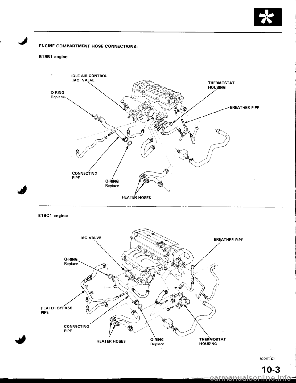 ACURA INTEGRA 1998  Service Workshop Manual ENGINE COMPARTMENT HOSE CONNECTIONS:
B18B1 engine:
IDLE AIR CONTROL(IAC) VALVE
O-RINGReplace.
BREATHER PIPE
---___...----rs
W
l/TER HOSES
Bl8Cl engine:
HEATER BYPASSPIPE
THER PIPE
AT
(contd)
)
HEATER