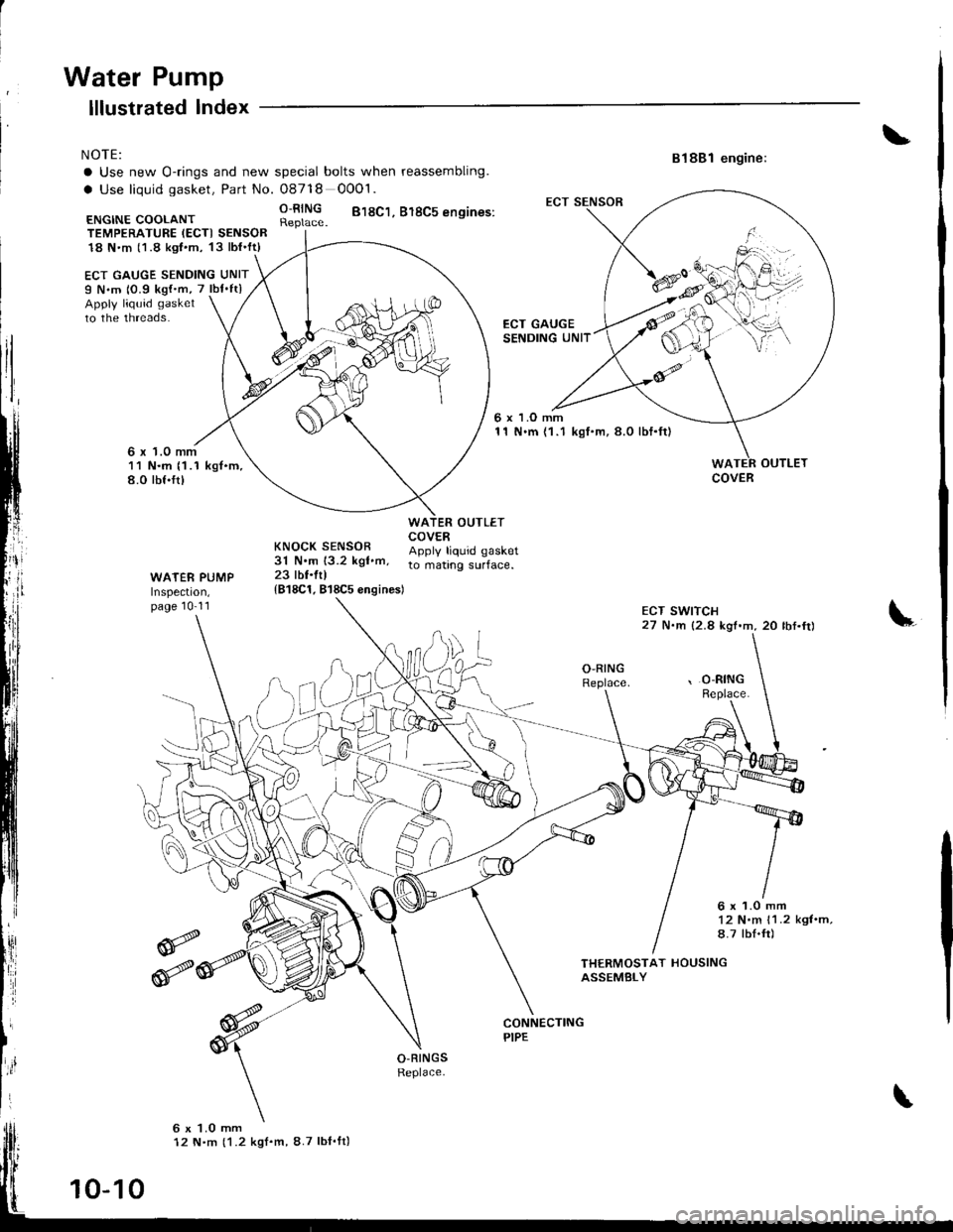 ACURA INTEGRA 1998  Service Repair Manual Water Pump
NOTE:
a Use new O-rings and new spgcial bolts when reassembling.
a Use liquid gasket, Part No. O8718 0001.
R;lll$ 818c1. 818c5 ensines:
ECT GAUGE SENDING UNITI N.m 10.9 kg{m, 7 lbfftlAppl
