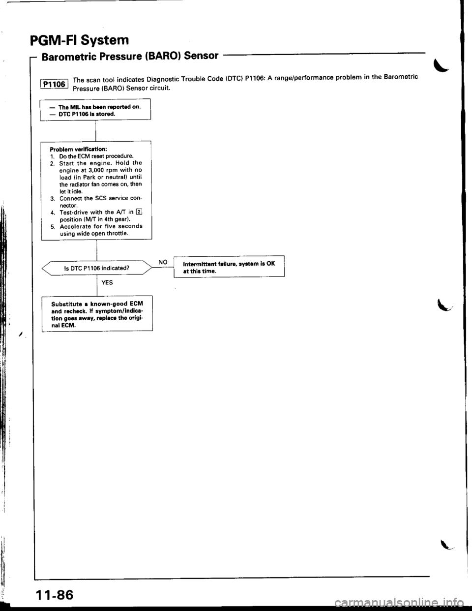 ACURA INTEGRA 1998 Service Repair Manual PGM-FI System
Barometric Pressure {BARO) Sensor
rrt*l ;:"""::::[Ti5li"$::::#nostic
rroubre code (Drc) P1106: A ranse/performance poblem in the Barometric\
,xl
lu,
i-
- The MIL h.3 bean roportad on.- ACURA INTEGRA 1998 Service Repair Manual PGM-FI System
Barometric Pressure {BARO) Sensor
rrt*l ;:"""::::[Ti5li"$::::#nostic
rroubre code (Drc) P1106: A ranse/performance poblem in the Barometric\
,xl
lu,
i-
- The MIL h.3 bean roportad on.-
