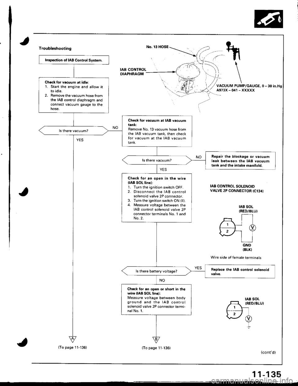 ACURA INTEGRA 1998 Service Manual Online Troublsshooting
IAB CONTROLDIAPHRAGM
Inapection ot IAB Control System.
Chack {or vacuum at idle:1. Stan the engine and allow itto idle.2. Romove the vacuum hose fromthe IAB control diaphragm andconnec ACURA INTEGRA 1998 Service Manual Online Troublsshooting
IAB CONTROLDIAPHRAGM
Inapection ot IAB Control System.
Chack {or vacuum at idle:1. Stan the engine and allow itto idle.2. Romove the vacuum hose fromthe IAB control diaphragm andconnec