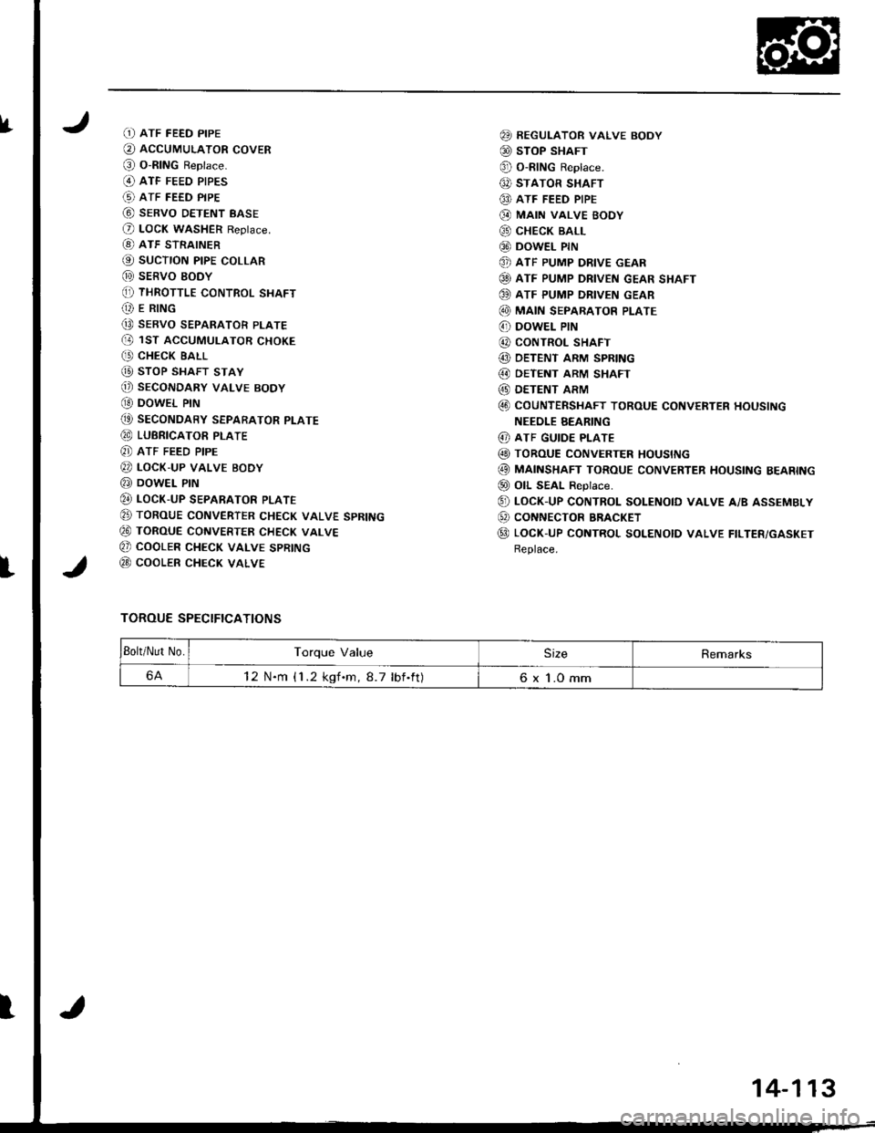 ACURA INTEGRA 1998  Service Repair Manual IfD ATF FEED PIPE
O AccUMULAToR covER
@ o-RING Reptace.(O ATF FEED PIPES
(!) ATF FEED PIPE
@ sERvo DETENT BASE
O LocK WASHER Reptace.
[8) ATF STRAINER
@ sucTroN ptpE coLLAR
@ sERVO EODY(, THRoTTLE coN