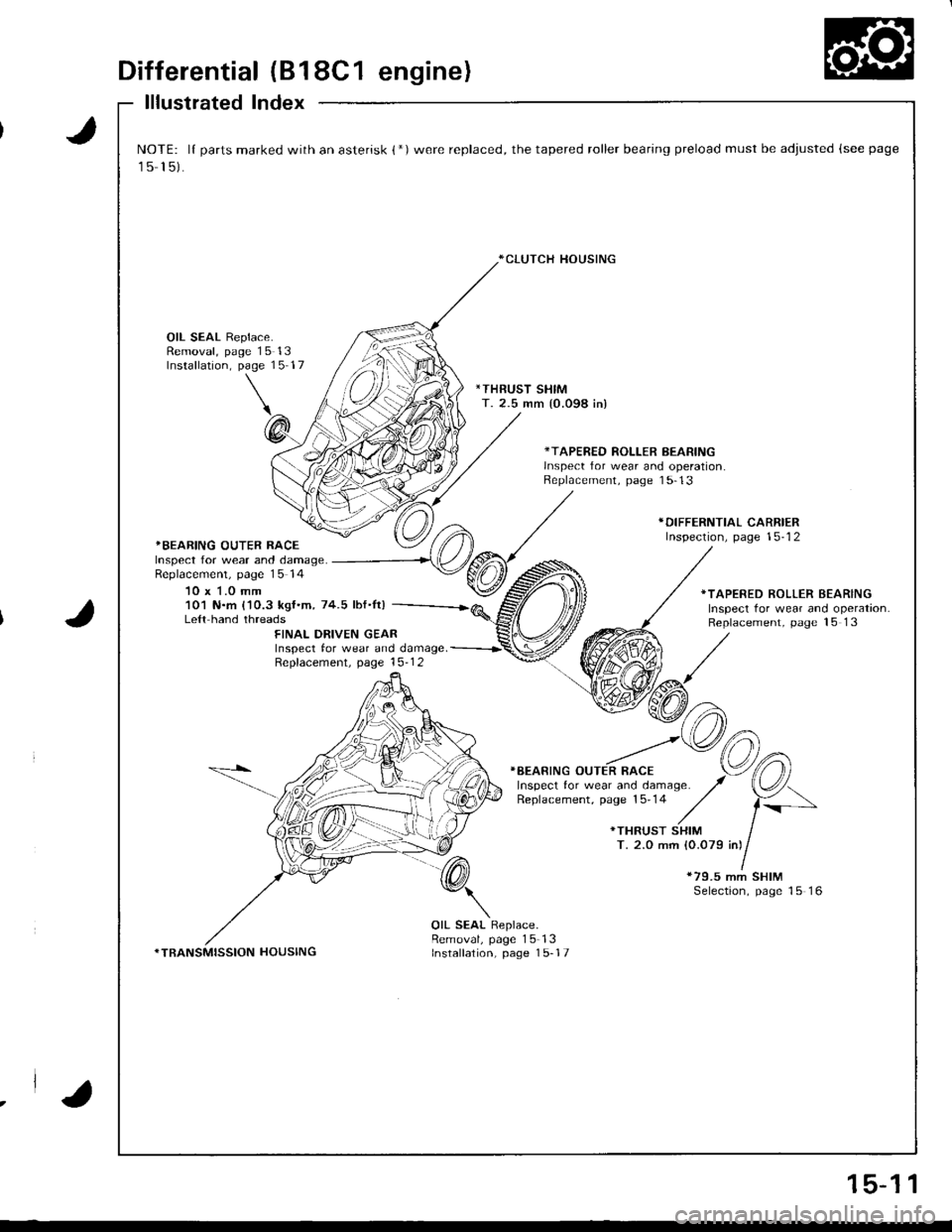 ACURA INTEGRA 1998  Service Repair Manual Differential (B18C1 engine)
lllustrated Index
J
J
NOTE: lI parts marked with an asterisk {*)were replaced, the tapered roller bearing preload must be adjusted (see page
15 15).
*CLUTCH HOUSING
OIL SEA