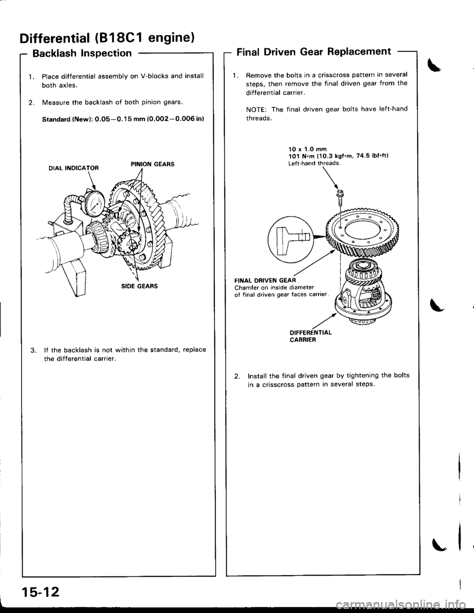 ACURA INTEGRA 1998 Service Repair Manual Differential (818C1 engine)
Backlash lnspection
Place differential assembly on V-blocks and install
both axles,
Measure the backlash of both pinion gears.
Siandard {Newl: O.O5-0.15 mm (0.OO2-0.OOG in} ACURA INTEGRA 1998 Service Repair Manual Differential (818C1 engine)
Backlash lnspection
Place differential assembly on V-blocks and install
both axles,
Measure the backlash of both pinion gears.
Siandard {Newl: O.O5-0.15 mm (0.OO2-0.OOG in}