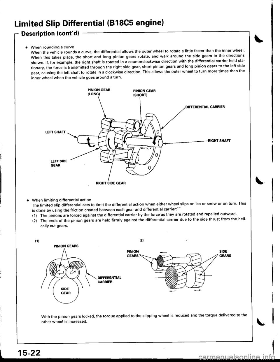 ACURA INTEGRA 1998  Service Repair Manual Limited Slip Differential (B18C5 engine)
Description (contd)
When roundang a curve
When the vehacle rounds a curye, tne differential allows the outer wheel to rotate a little faster than the inner wh