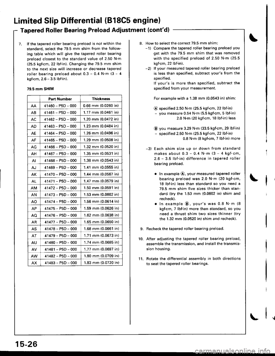 ACURA INTEGRA 1998 Service Repair Manual Limited Slip Differential (B18C5 engine)
Tapered Roller Bearing Preload Adiustment (contd)
7. lf the tapered roller bearing preload is not within the
standard, select the 79.5 mm shim from the follow ACURA INTEGRA 1998 Service Repair Manual Limited Slip Differential (B18C5 engine)
Tapered Roller Bearing Preload Adiustment (contd)
7. lf the tapered roller bearing preload is not within the
standard, select the 79.5 mm shim from the follow