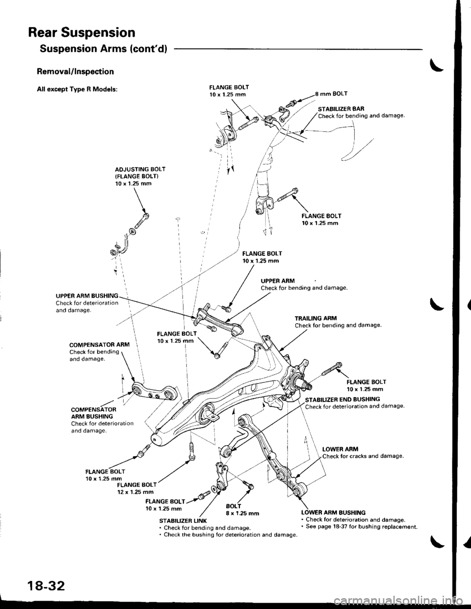 ACURA INTEGRA 1998 Service Repair Manual Rear Suspension
Suspension Arms (contdl
Removal/lnspection
All except Type R Models:mm BOLT
STABILIZER BARCheck for bending and damage.
AOJUSTING BOLT(FLANGE BOLT)10 x 1.25 mm
FLANGE BOLT10 x 1.25 m ACURA INTEGRA 1998 Service Repair Manual Rear Suspension
Suspension Arms (contdl
Removal/lnspection
All except Type R Models:mm BOLT
STABILIZER BARCheck for bending and damage.
AOJUSTING BOLT(FLANGE BOLT)10 x 1.25 mm
FLANGE BOLT10 x 1.25 m