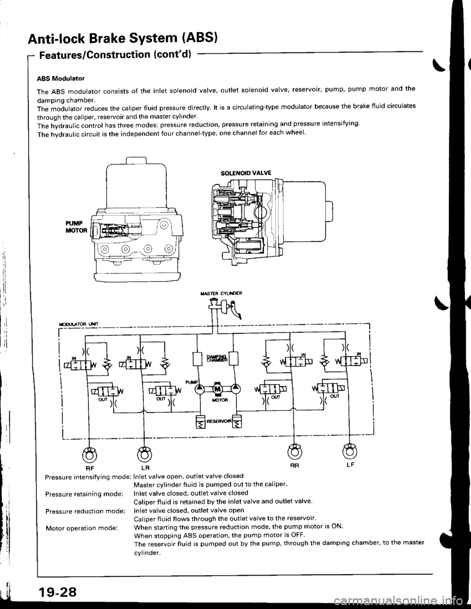 ACURA INTEGRA 1998 Service Repair Manual Anti-lock Brake System (ABS)
Features/Construction (contd)
ABS Modulatol
The ABS modulator consists of the inlet solenoid valve, outlet solenoid valve, reservoir, pump, pump motor and the
damping cha ACURA INTEGRA 1998 Service Repair Manual Anti-lock Brake System (ABS)
Features/Construction (contd)
ABS Modulatol
The ABS modulator consists of the inlet solenoid valve, outlet solenoid valve, reservoir, pump, pump motor and the
damping cha