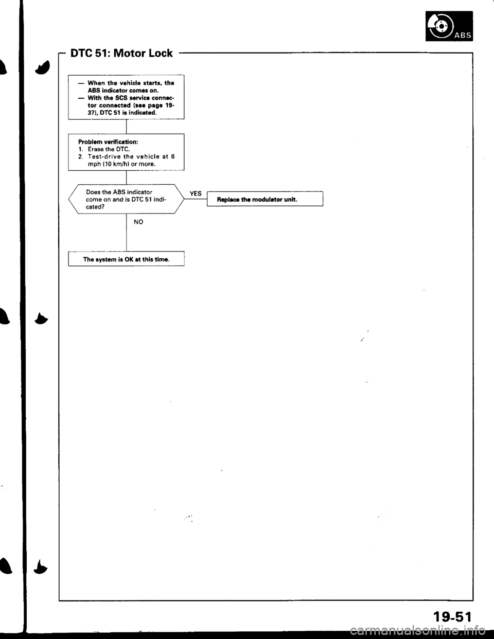 ACURA INTEGRA 1998 Service Repair Manual DTC 51: Motor Lock
- Whgn tha vohicla 3tart!. thaA8S lndicrtor comas on.- With tho SCS rorvic. conn.c-tor connectad (!aa paga 19.37), DTC 51 ir indicrt.d.
Problcm va ficltioni1. Eras€ th€ DTC.2. T ACURA INTEGRA 1998 Service Repair Manual DTC 51: Motor Lock
- Whgn tha vohicla 3tart!. thaA8S lndicrtor comas on.- With tho SCS rorvic. conn.c-tor connectad (!aa paga 19.37), DTC 51 ir indicrt.d.
Problcm va ficltioni1. Eras€ th€ DTC.2. T